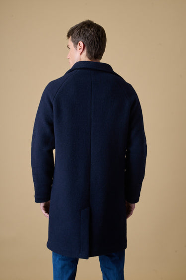 Blue boiled wool single-breasted pinstripe coat with V2 fabric lining