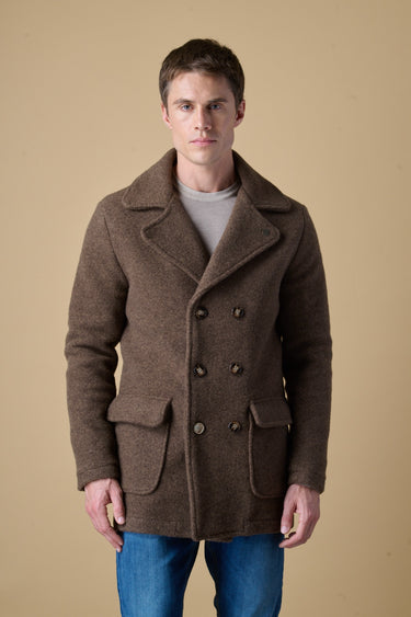 Brown boiled wool double-breasted peacoat with V2 fabric lining