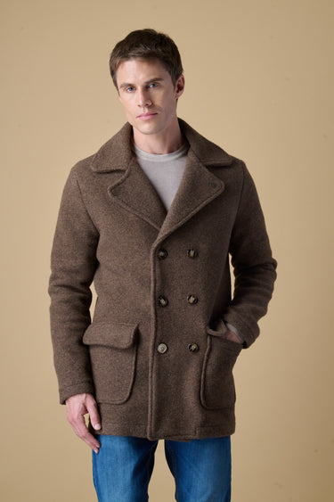 Brown boiled wool double-breasted peacoat with V2 fabric lining