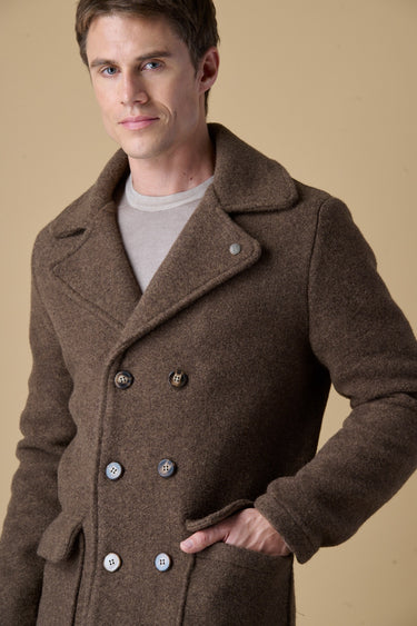 Brown boiled wool double-breasted peacoat with V2 fabric lining