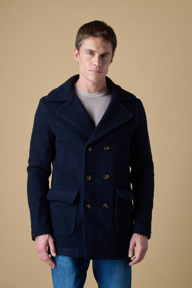 Blue boiled wool double-breasted peacoat with V2 fabric lining