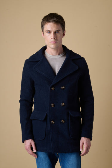 Blue boiled wool double-breasted peacoat with V2 fabric lining