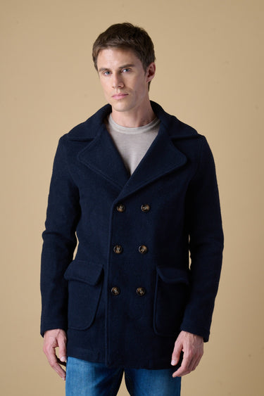 Blue boiled wool double-breasted peacoat with V2 fabric lining