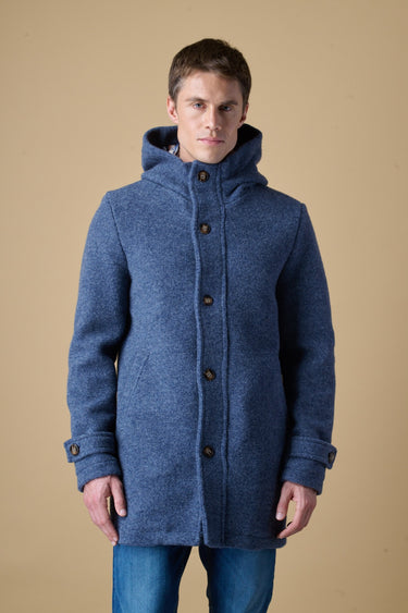 Denim boiled wool long parka with V2 fabric lining