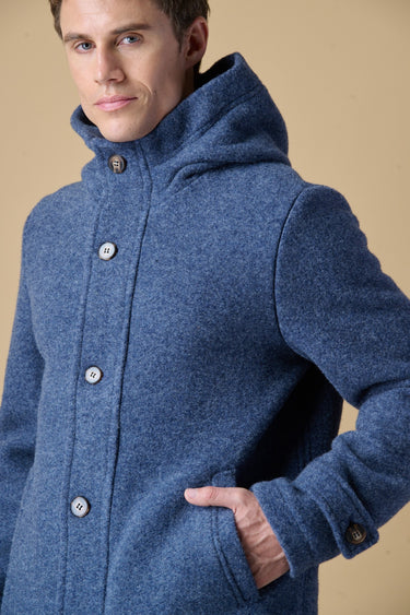 Denim boiled wool long parka with V2 fabric lining