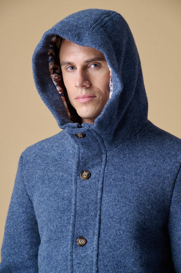 Denim boiled wool long parka with V2 fabric lining