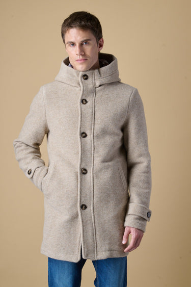 Sand boiled-wool long parka with V2 fabric lining