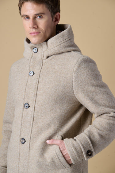 Sand boiled-wool long parka with V2 fabric lining