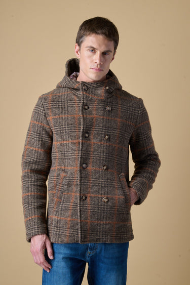 Brown Prince of Wales checked boiled-wool double-breasted hooded peacoat with V2 fabric lining