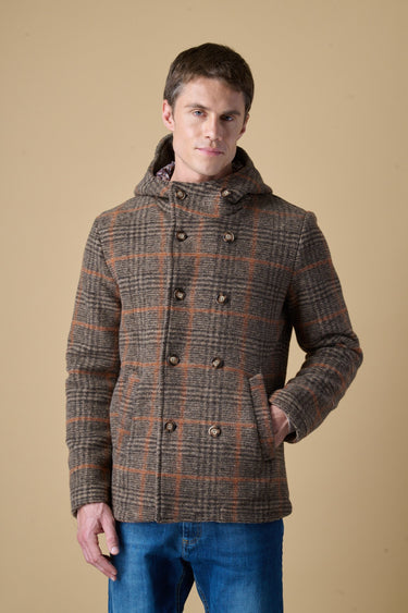 Brown Prince of Wales checked boiled-wool double-breasted hooded peacoat with V2 fabric lining