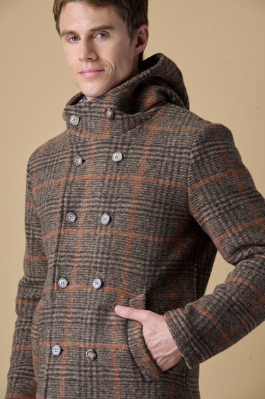 Brown Prince of Wales checked boiled-wool double-breasted hooded peacoat with V2 fabric lining