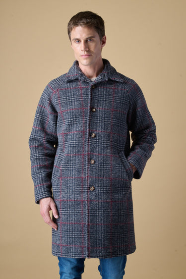 Blue Prince of Wales checked boiled-wool diplomatic single-breasted coat with V2 fabric lining