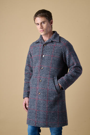 Blue Prince of Wales checked boiled-wool diplomatic single-breasted coat with V2 fabric lining
