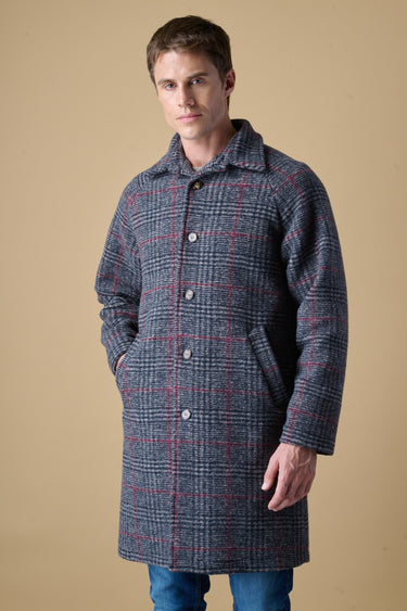 Blue Prince of Wales checked boiled-wool diplomatic single-breasted coat with V2 fabric lining