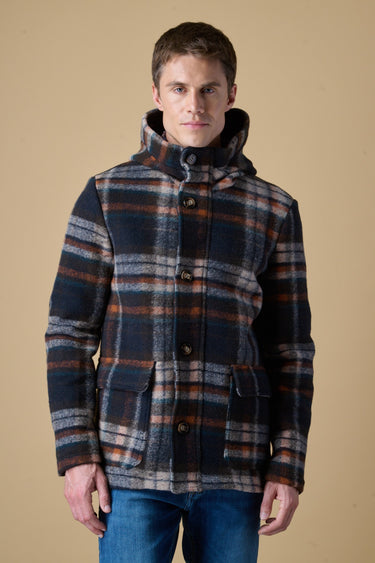 Brown checked boiled-wool short parka with V2 fabric lining