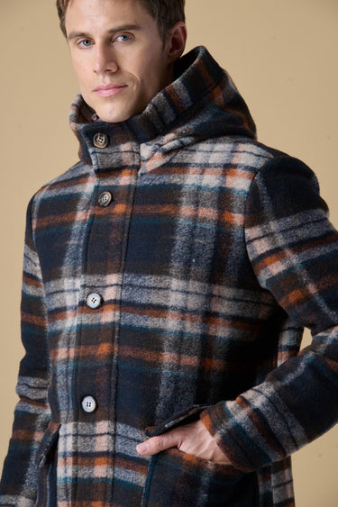 Brown checked boiled-wool short parka with V2 fabric lining