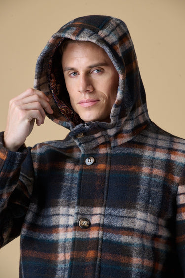 Brown checked boiled-wool short parka with V2 fabric lining