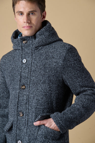 Black mélange seed-stitch short parka with V2 fabric lining