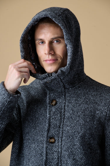 Black mélange seed-stitch short parka with V2 fabric lining