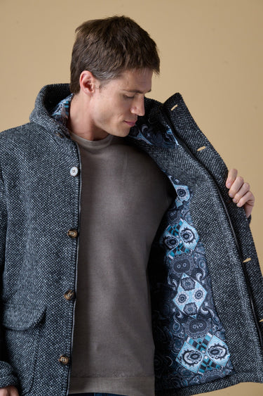 Black mélange seed-stitch short parka with V2 fabric lining