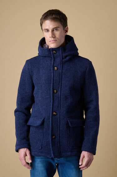 Blue mélange seed-stitch short parka with V2 fabric lining