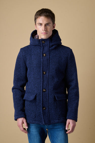 Blue mélange seed-stitch short parka with V2 fabric lining