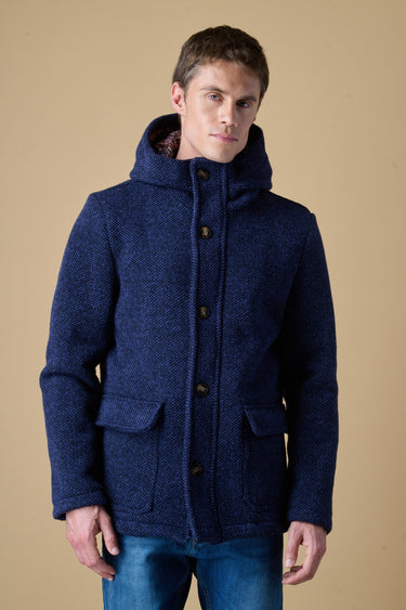 Blue mélange seed-stitch short parka with V2 fabric lining