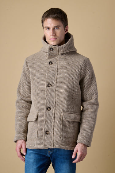 Sand mélange seed-stitch short parka with V2 fabric lining