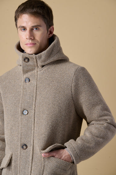 Sand mélange seed-stitch short parka with V2 fabric lining