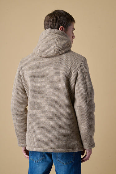 Sand mélange seed-stitch short parka with V2 fabric lining