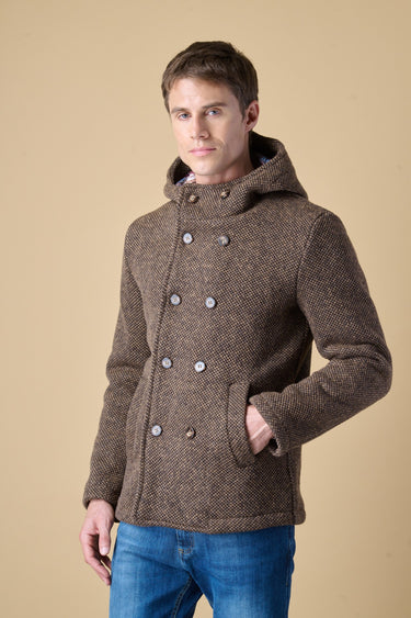 Brown mélange seed-stitch double-breasted hooded peacoat with V2 fabric lining