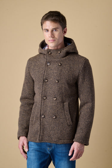 Brown mélange seed-stitch double-breasted hooded peacoat with V2 fabric lining