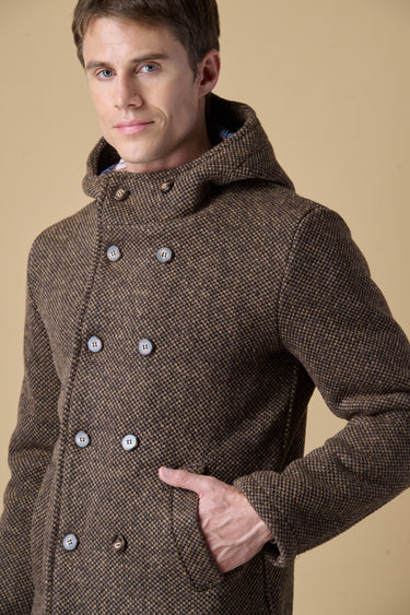 Brown mélange seed-stitch double-breasted hooded peacoat with V2 fabric lining