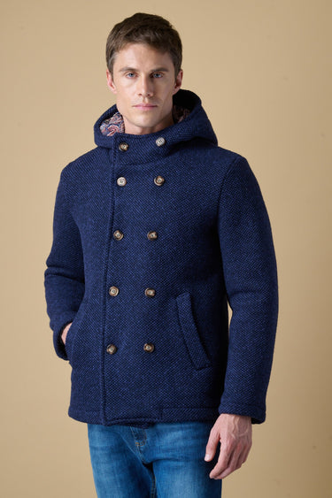 Blue mélange seed-stitch double-breasted hooded peacoat with V2 fabric lining