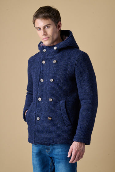 Blue mélange seed-stitch double-breasted hooded peacoat with V2 fabric lining