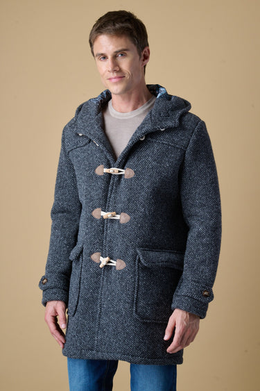 Black mélange seed-stitch duffle coat with V2 fabric lining