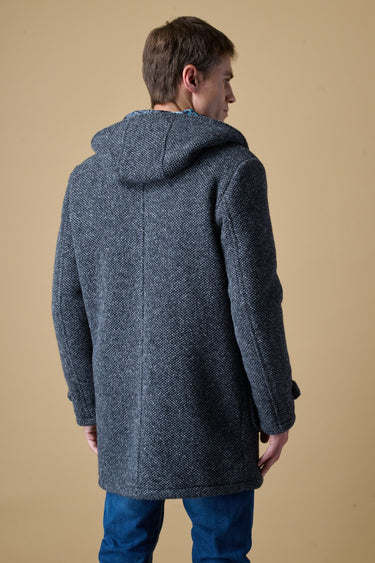 Black mélange seed-stitch duffle coat with V2 fabric lining