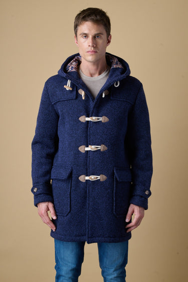 Blue mélange seed-stitch duffle coat with V2 fabric lining