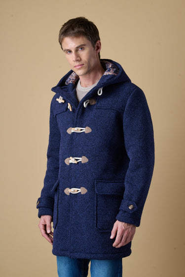 Blue mélange seed-stitch duffle coat with V2 fabric lining