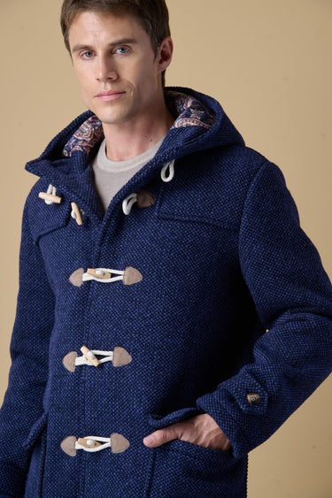 Blue mélange seed-stitch duffle coat with V2 fabric lining