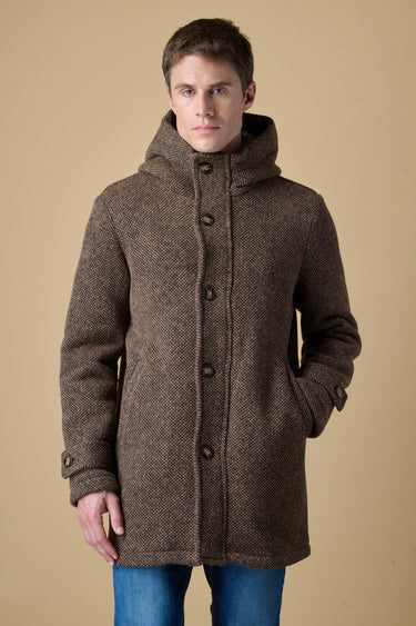 Brown mélange seed-stitch hooded long parka with V2 fabric lining