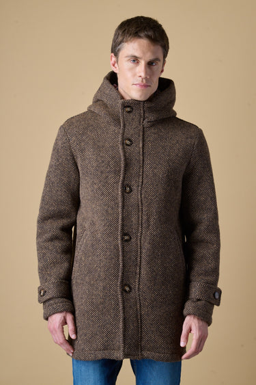 Brown mélange seed-stitch hooded long parka with V2 fabric lining