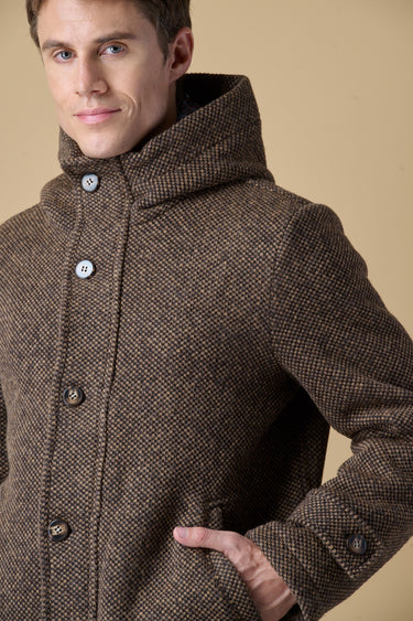 Brown mélange seed-stitch hooded long parka with V2 fabric lining