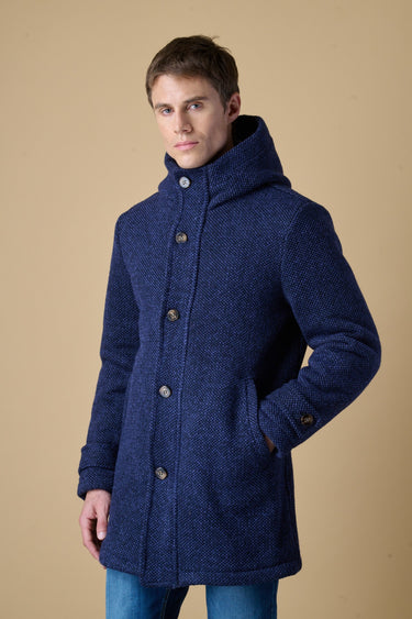 Long blue melange rice-stitch parka with hood and V2 fabric lining