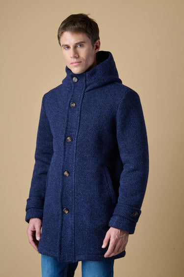 Long blue melange rice-stitch parka with hood and V2 fabric lining