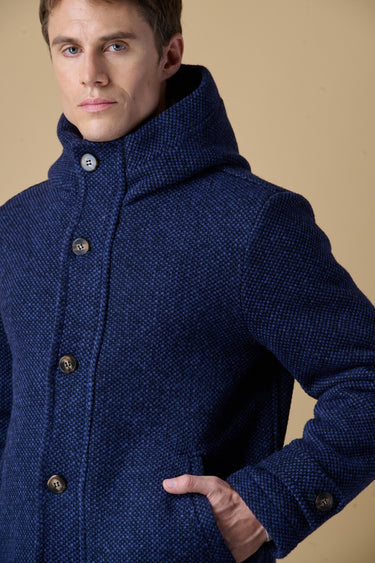 Long blue melange rice-stitch parka with hood and V2 fabric lining