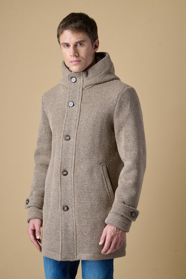 Sand mélange seed-stitch hooded long parka with V2 fabric lining