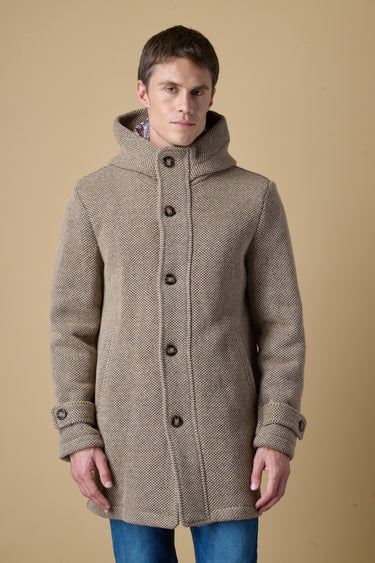 Sand mélange seed-stitch hooded long parka with V2 fabric lining