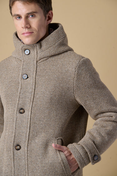 Sand mélange seed-stitch hooded long parka with V2 fabric lining