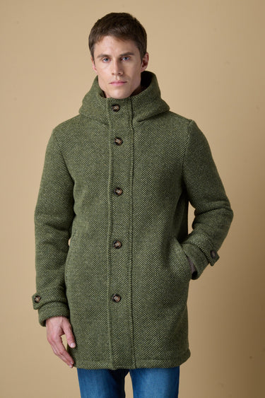 Military-green mélange seed-stitch hooded long parka with V2 fabric lining